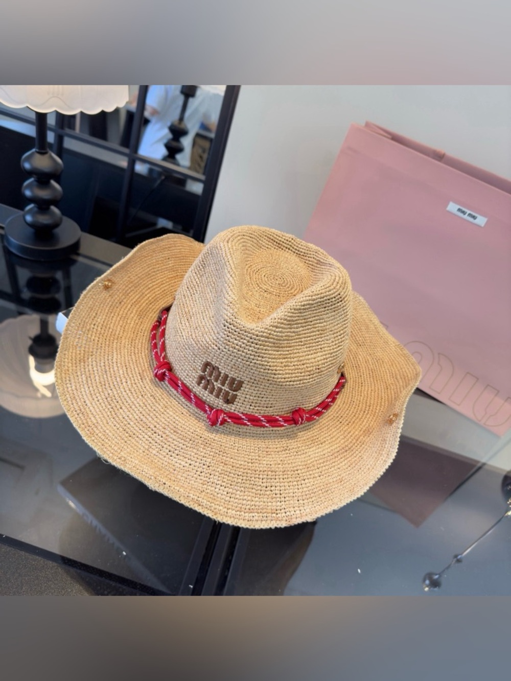 Miu Miu Natural Straw Hat with Red Rope Accent